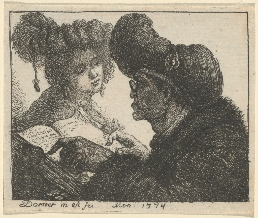 A Man in a Turban Reading to a Young Woman, by Johann Jakob Dorner the Elder, ink, 1774