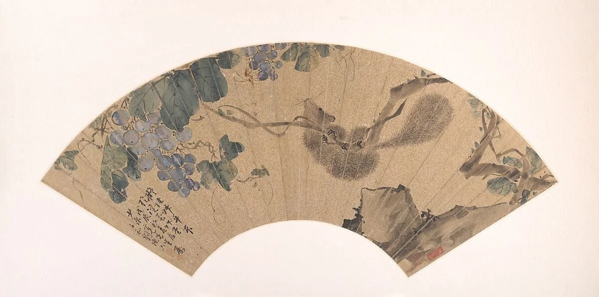 清 劉德六 松鼠葡萄 扇面|Squirrel and Grape, detail