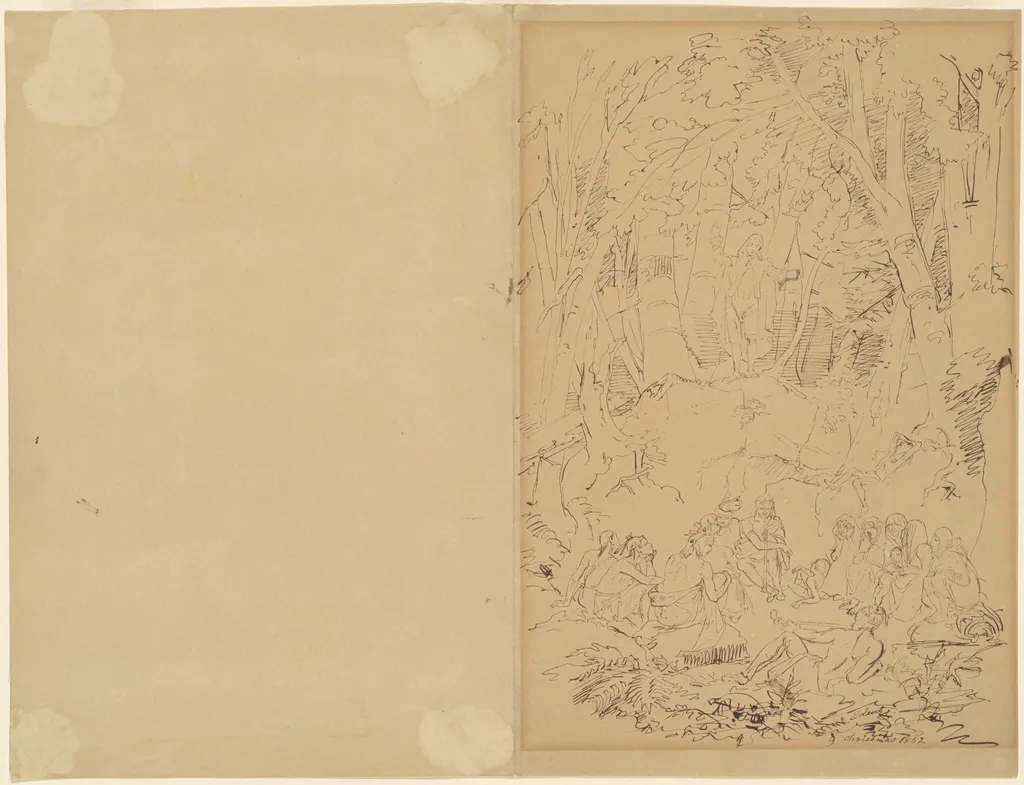 Eighteenth-Century Colonist Preaching to Indians, by Emanuel Gottlieb Leutze, ink, 1852