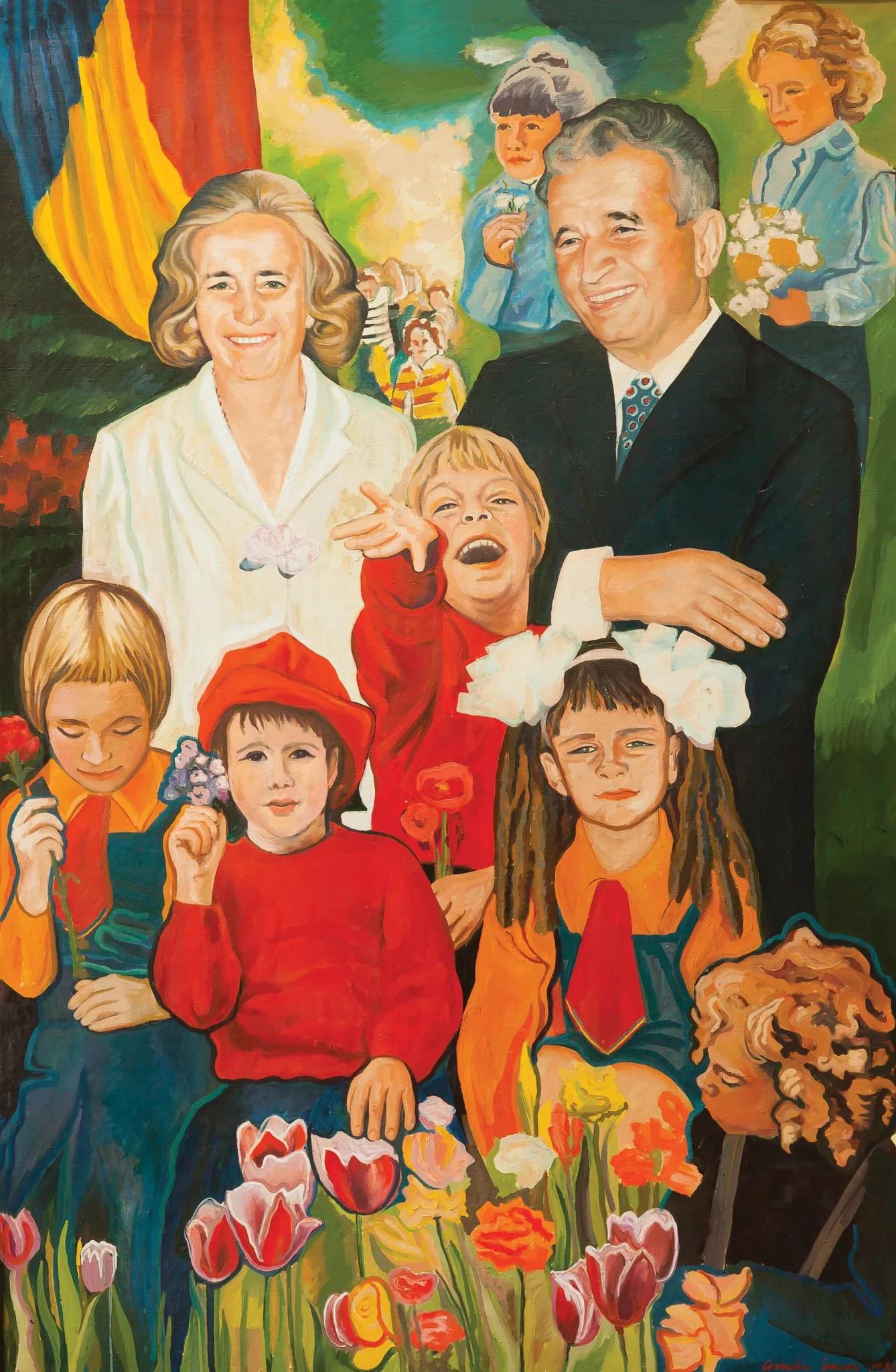 Tablou, ulei pe pânză, „Nicolae și Elena Ceaușescu în mijlocul unui grup de pioneri și șoimi ai patriei”, semant în partea dreaptă jos Cornelia Ionescu și datat 1981. Comandat și oferit de Consiliul Național al Pionerilor, 14.X.1981., detail