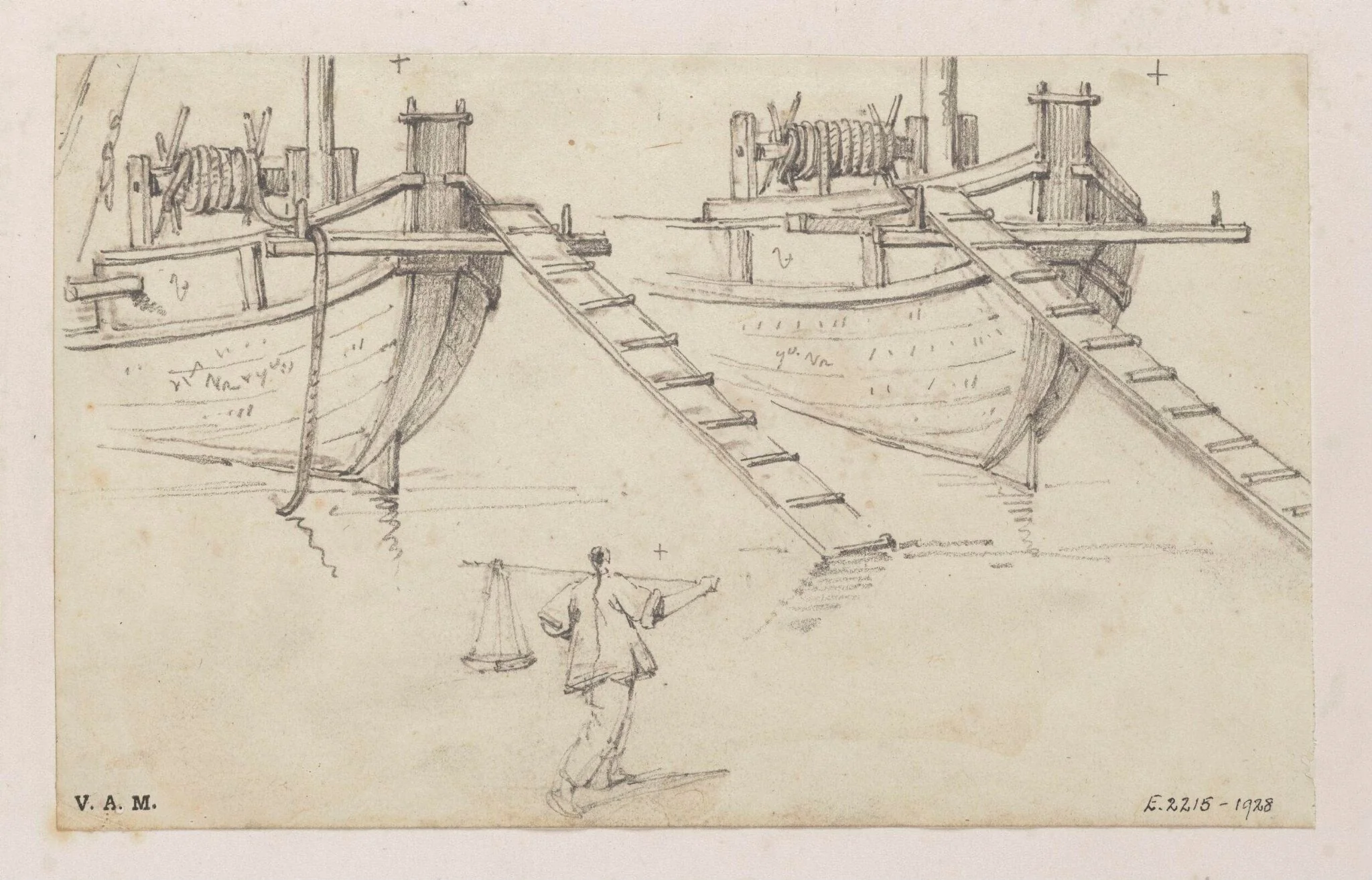 Two drawings of the prow of a Chinese boat, detail