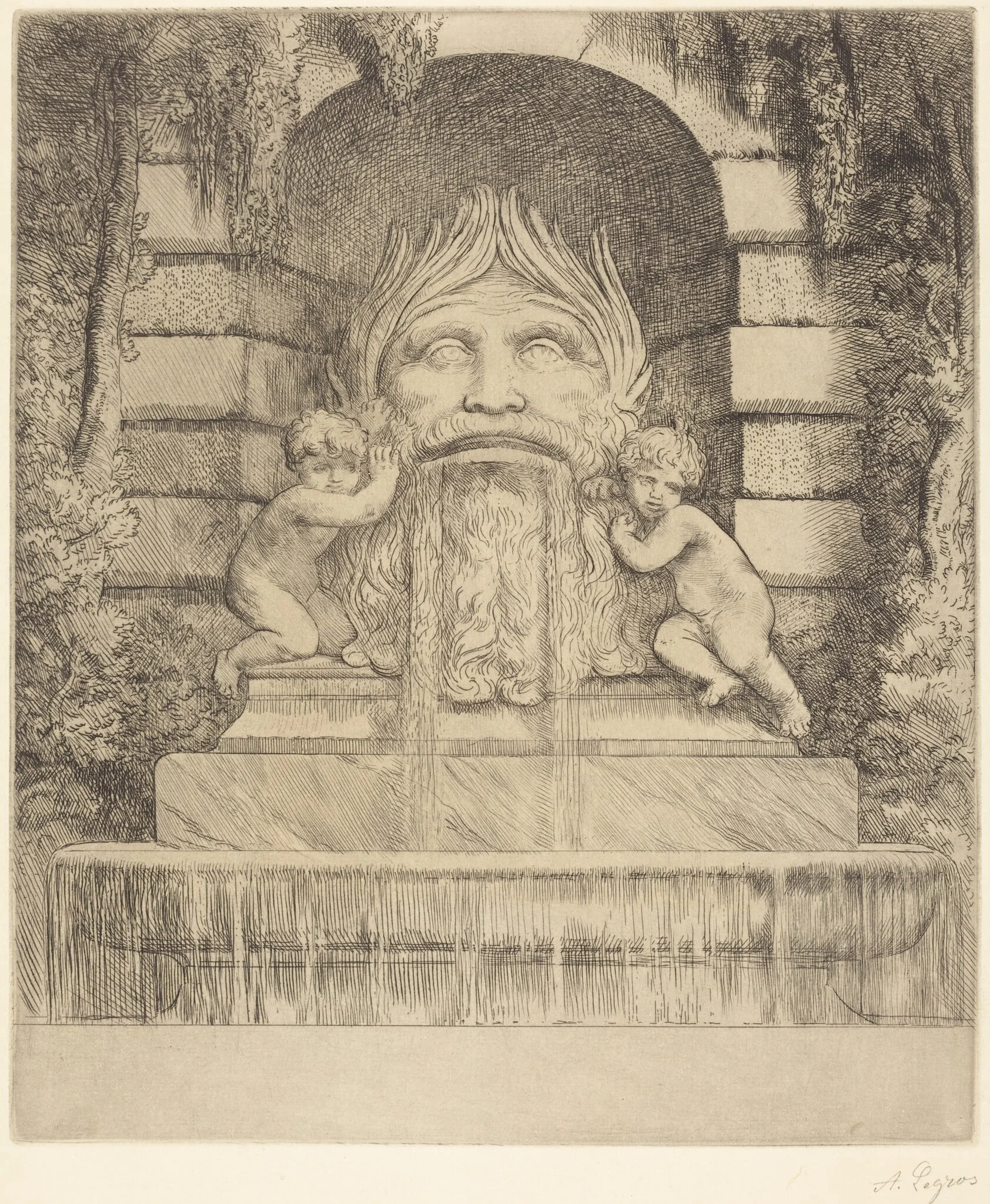 Fountain: Grotesque, Children and Basin (Une fountaine: Masque, enfants et bassin), detail