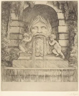 Fountain: Grotesque, Children and Basin (Une fountaine: Masque, enfants et bassin), by Alphonse Legros, ink, 1874