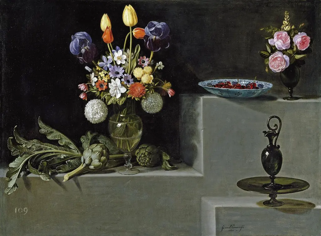 Still life with Artichokes, Flowers and glass Vessels, by Juan van der Hamen, oil, 1627