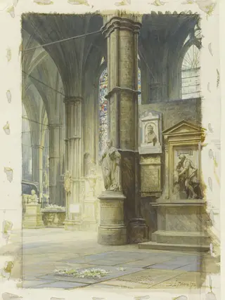 The grave of Charles Dickens, Poets' Corner, Westminster Abbey, by Luke Fildes, watercolor, 1873