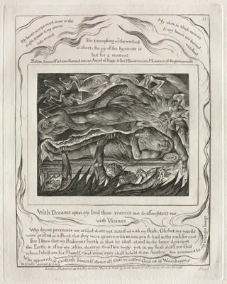 The Book of Job:  Pl. 11, With Dreams upon my bed thou scarest me and affrightest me, by William Blake, 1825