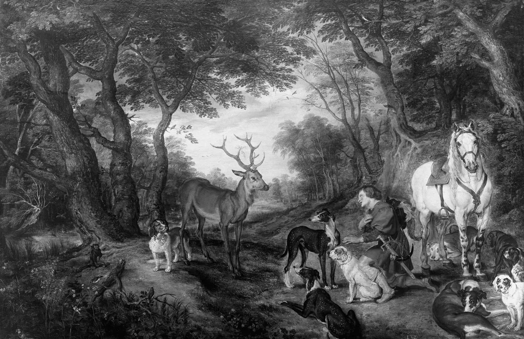 Landscape with Saint Hubert, by Jan Brueghel, the elder, paint, 1606