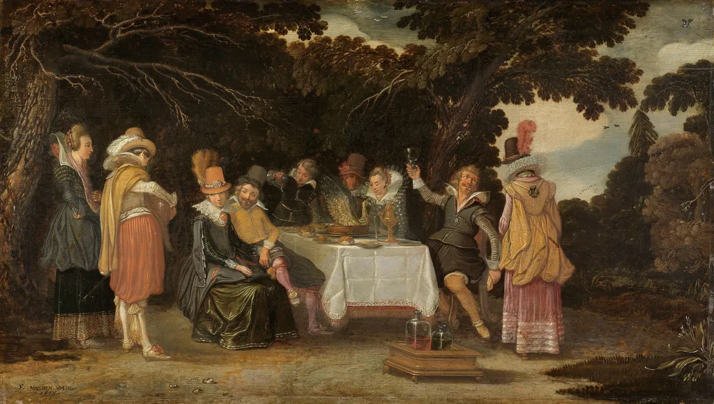 Elegant company dining in the open air, by Esaias van de Velde, oil, 1615