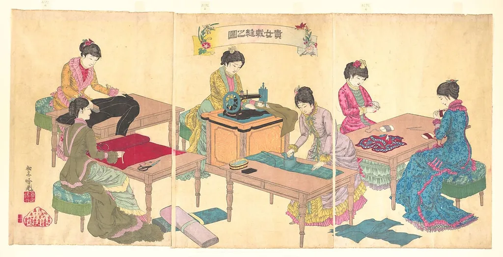安達吟光画 『貴女裁縫之図』|Ladies Sewing (Kijo saihō no zu), by Adachi Ginkō, ink, 3