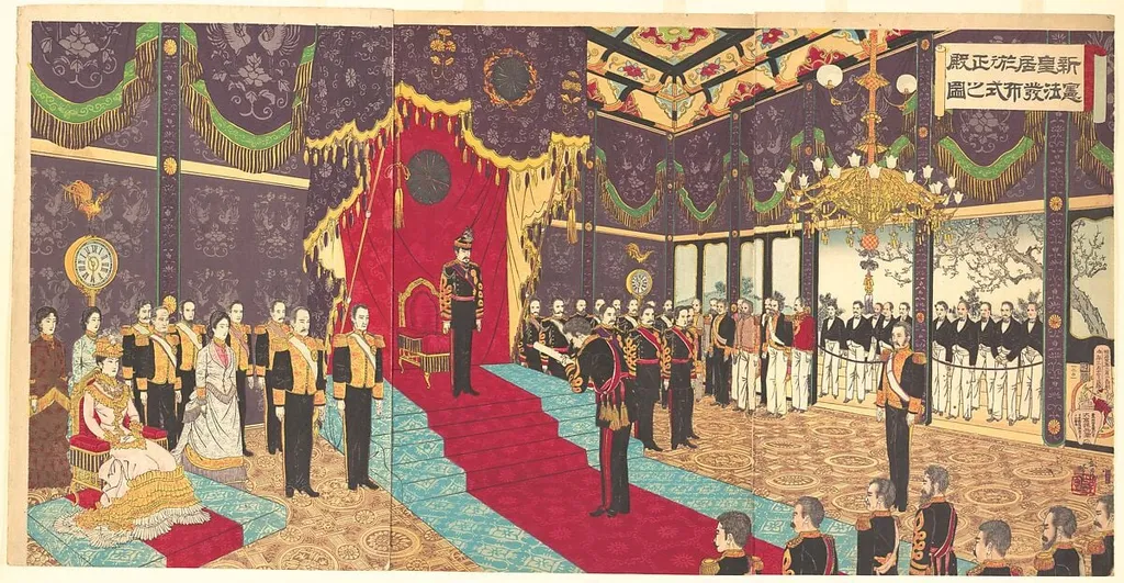 Shinkokyo Oite Seiden Kempo Happu no zu|View of the Issuance of the State Constitution in the State Chamber of the New Imperial Palace, by Adachi Ginkō, ink, 2
