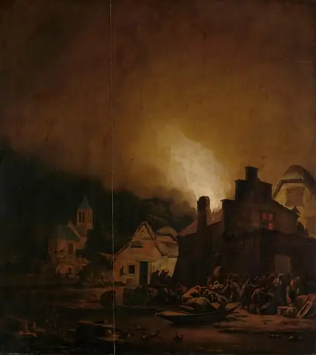 Fire by night in a Village, by Adam Colonia