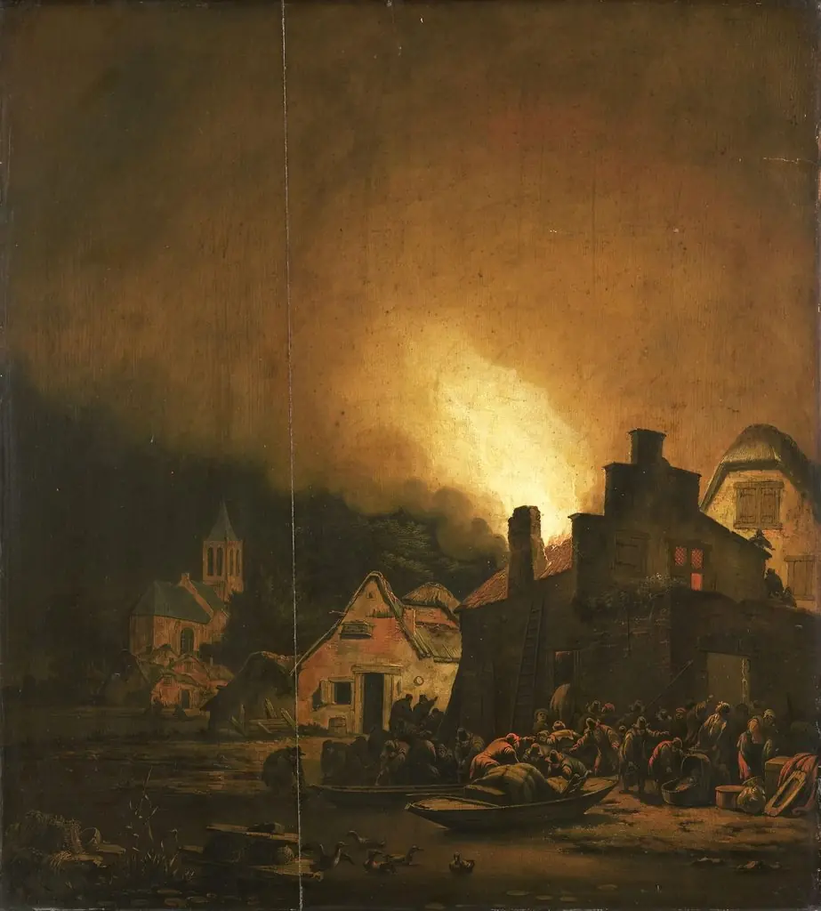 Nighttime fire in a village, by Adam Colonia