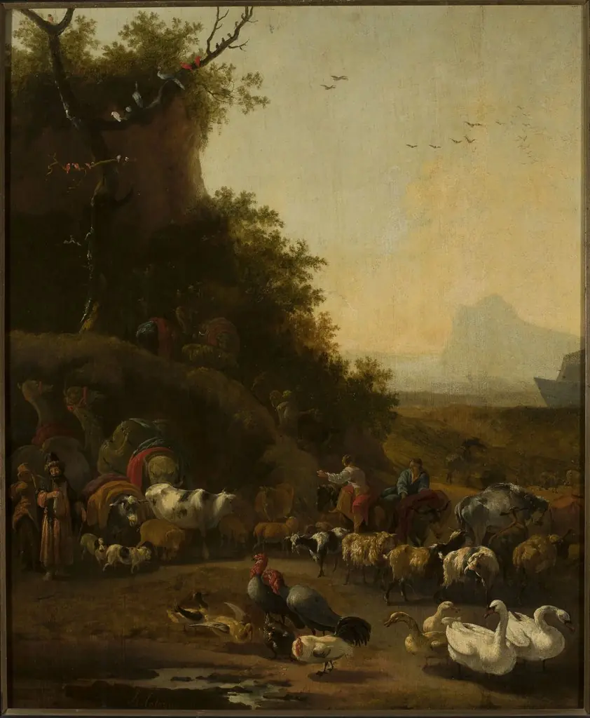 Noah’s family and animals in front of the ark (Genesis 7:1-3), by Adam Colonia