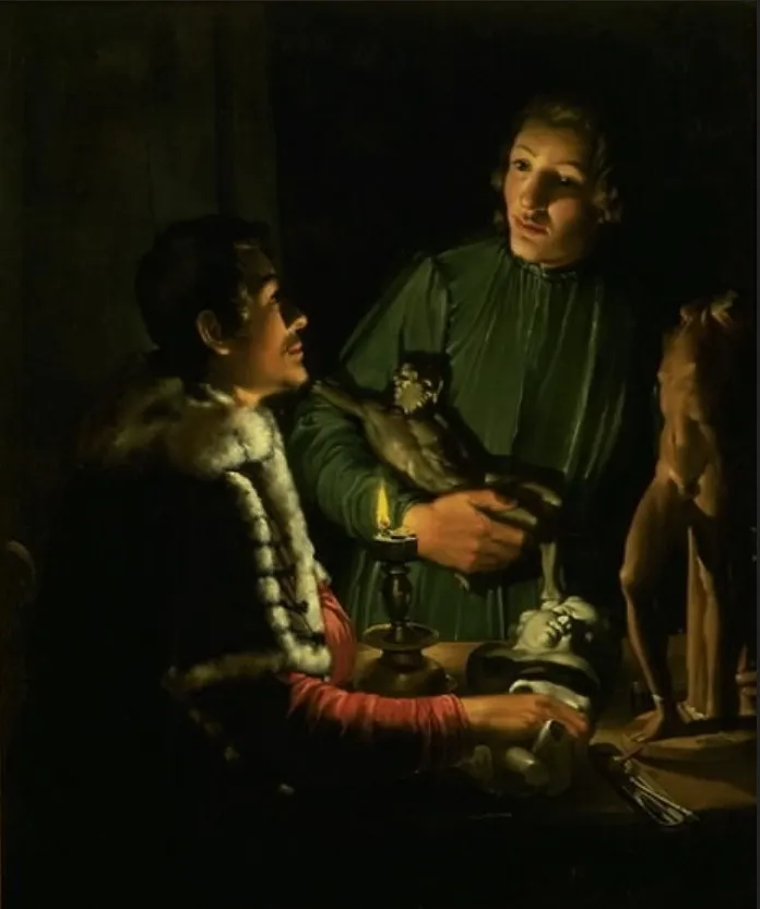 Two Sculptors at Night in Rome. Double Portrait of Francois Duquesnoy and Georg Petel, by Adam de Coster, oil, 1622