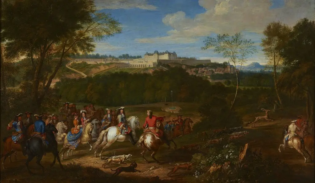 Louis XIV and his Court hunting in view of the castle of Meudon., by Adam Frans van der Meulen