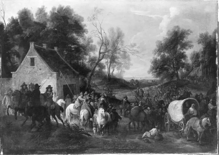 Soldaten ziehen durch ein Dorf, by Adam Frans van der Meulen