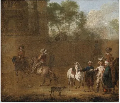 A Landscape with Figures and Horses, by Adam Pankratz Ferg, oil, 1700