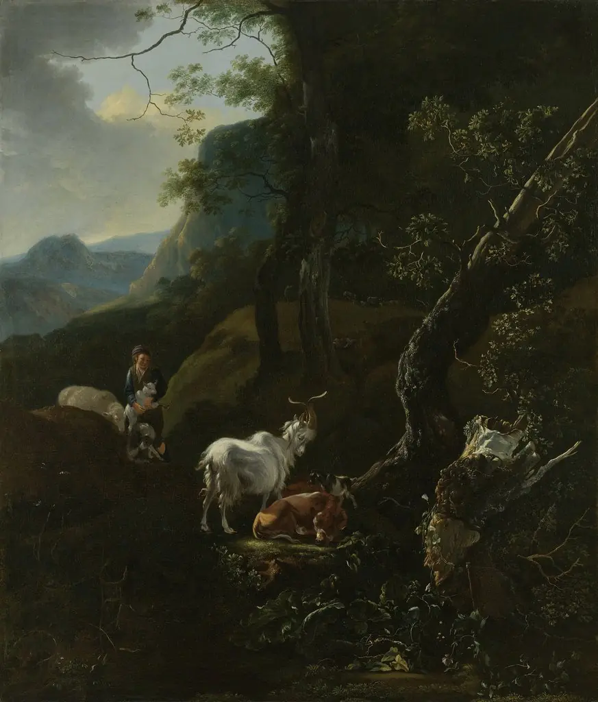 A sheperdess with her flock in a mountainous landscape, by Adam Pynacker