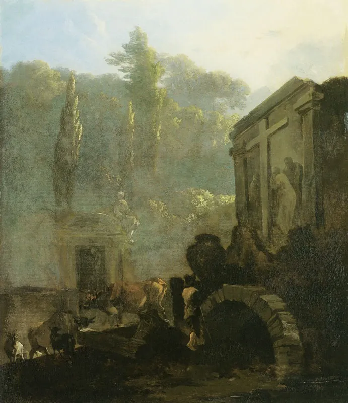 Italian cemetery with a shepherd and cattle, by Adam Pynacker, oil, 1665