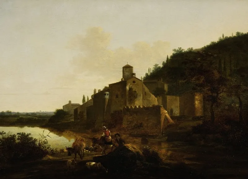 Italian landscape with a Monastery, by Adam Pynacker, oil, 1648