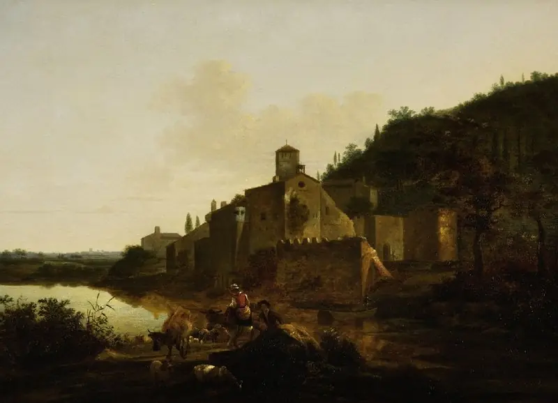 Italian landscape with a Monastery, by Adam Pynacker
