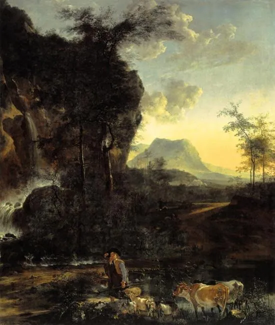 Landscape with waterfall and shepherd, by Adam Pynacker, oil, 1654