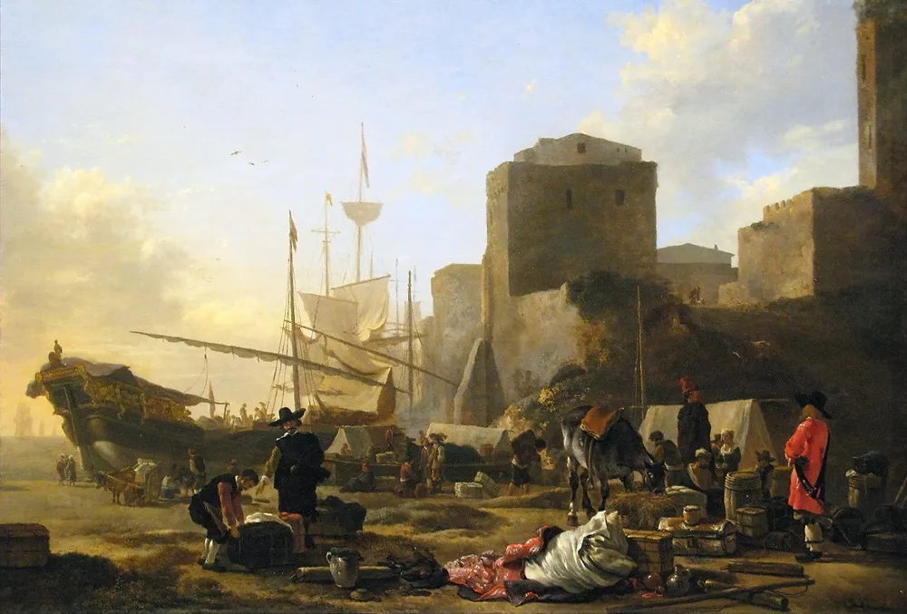 Mediterranean Harbor, by Adam Pynacker, oil, 1650