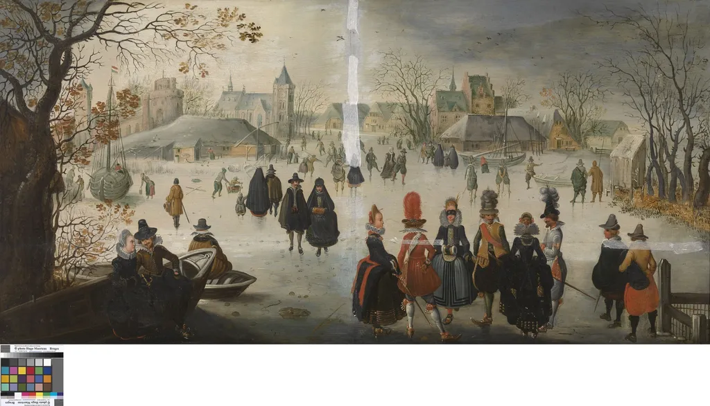 winter landscape with skating, by Adam van Breen, oil, 1636