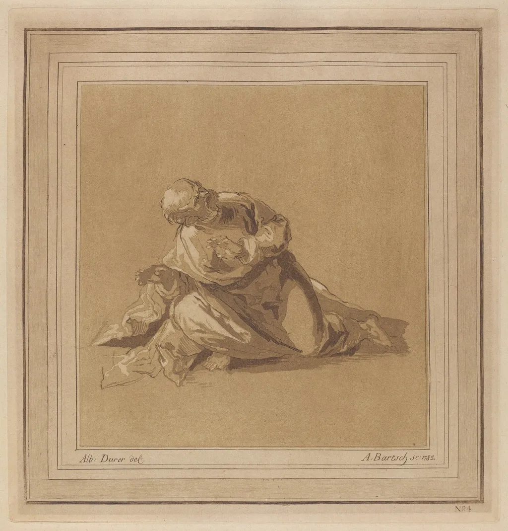 A Crouching Apostle (Saint Peter), by Adam von Bartsch, ink, 1785