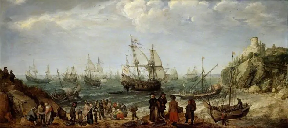 Warships off the Coast with a Fishmarket on the Beach, by Adam Willaerts