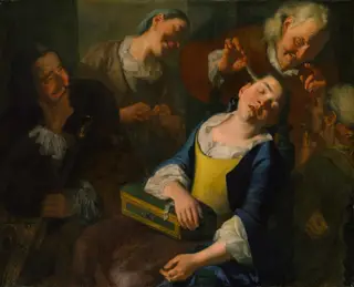 Teasing a Sleeping Girl, by Gaspare Traversi, oil, 1760