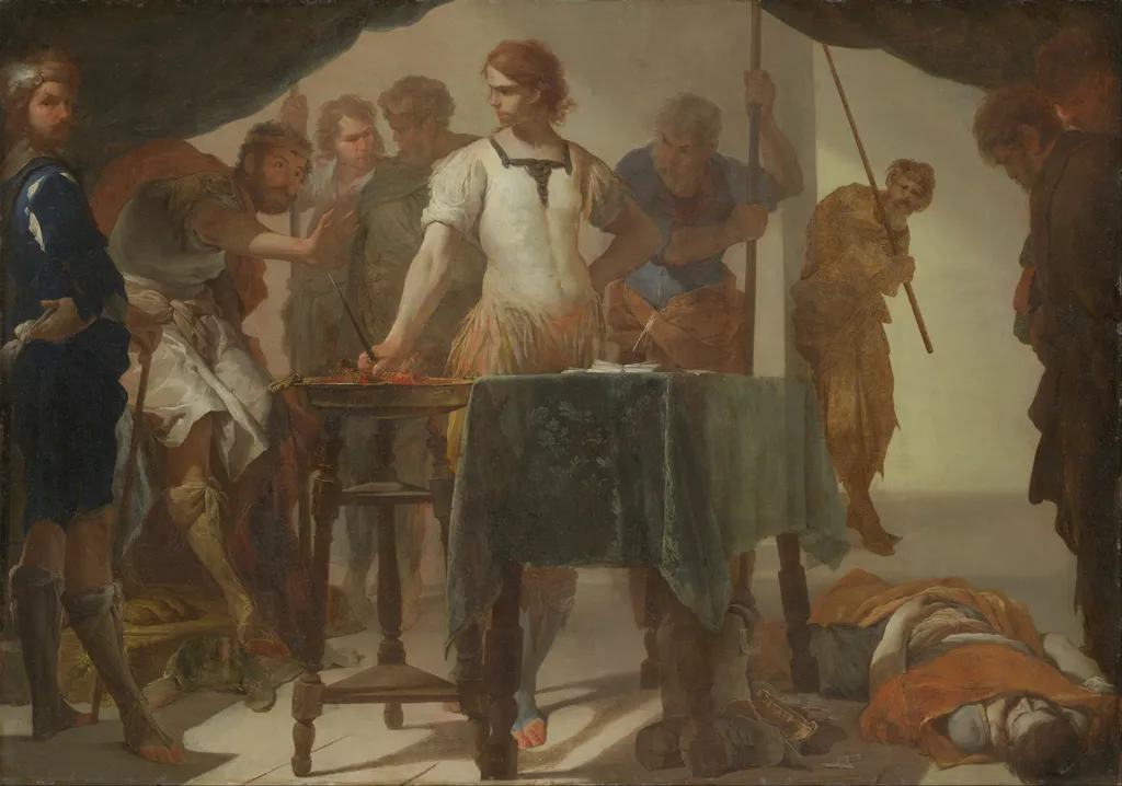 Mucius Scaevola Confronting King Porsenna, by Bernardo Cavallino, oil, 1650