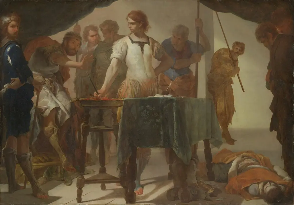 Mucius Scaevola Confronting King Porsenna, by Bernardo Cavallino, oil, 1650