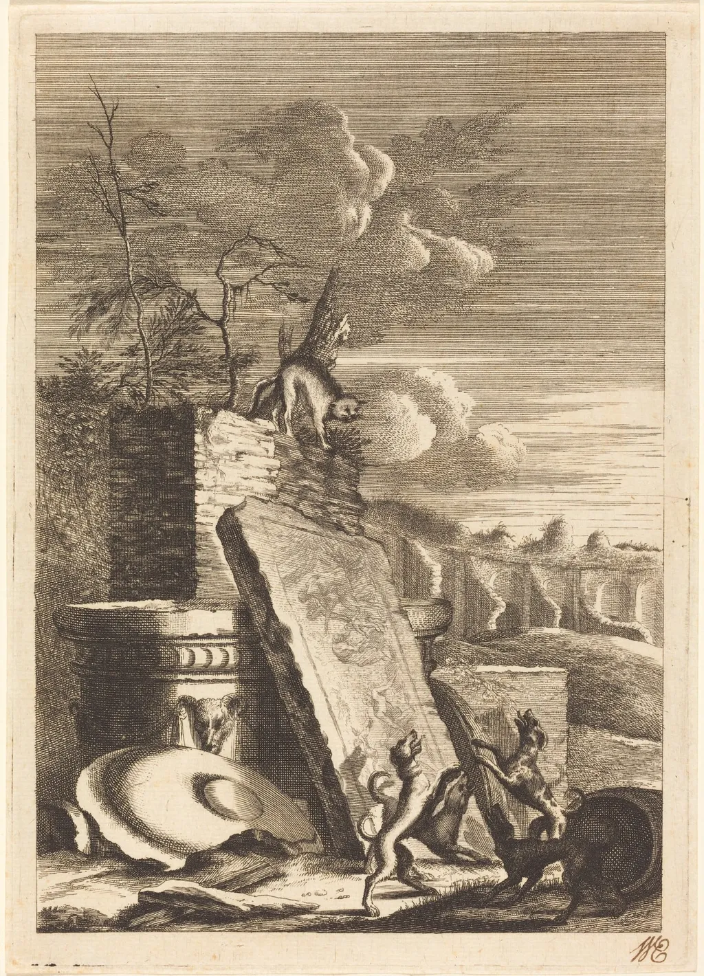 Dogs Pursuing a Cat, by Bernhard Zaech, ink, 1650