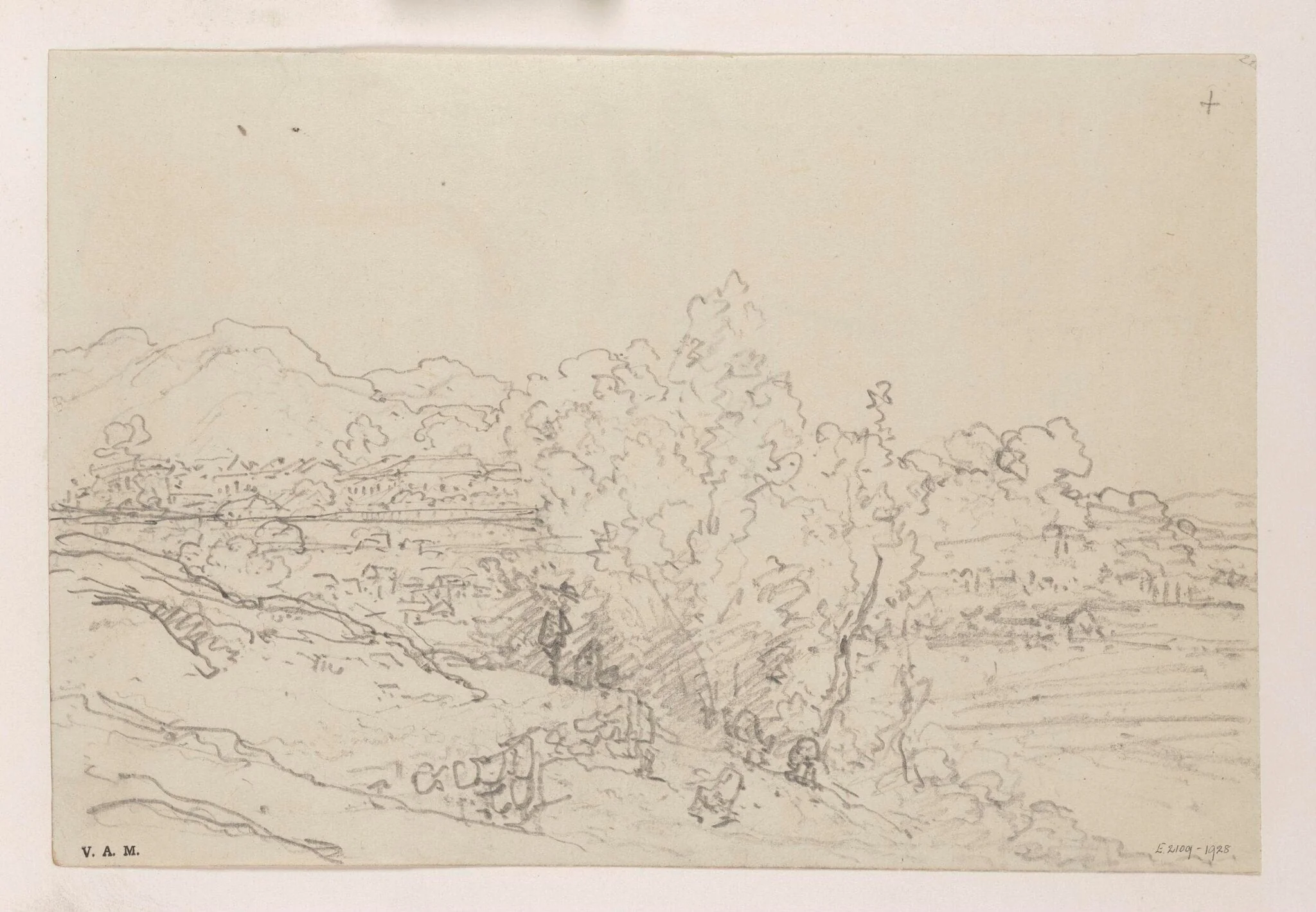 Fields and trees, with the city of Macau in the distance, detail
