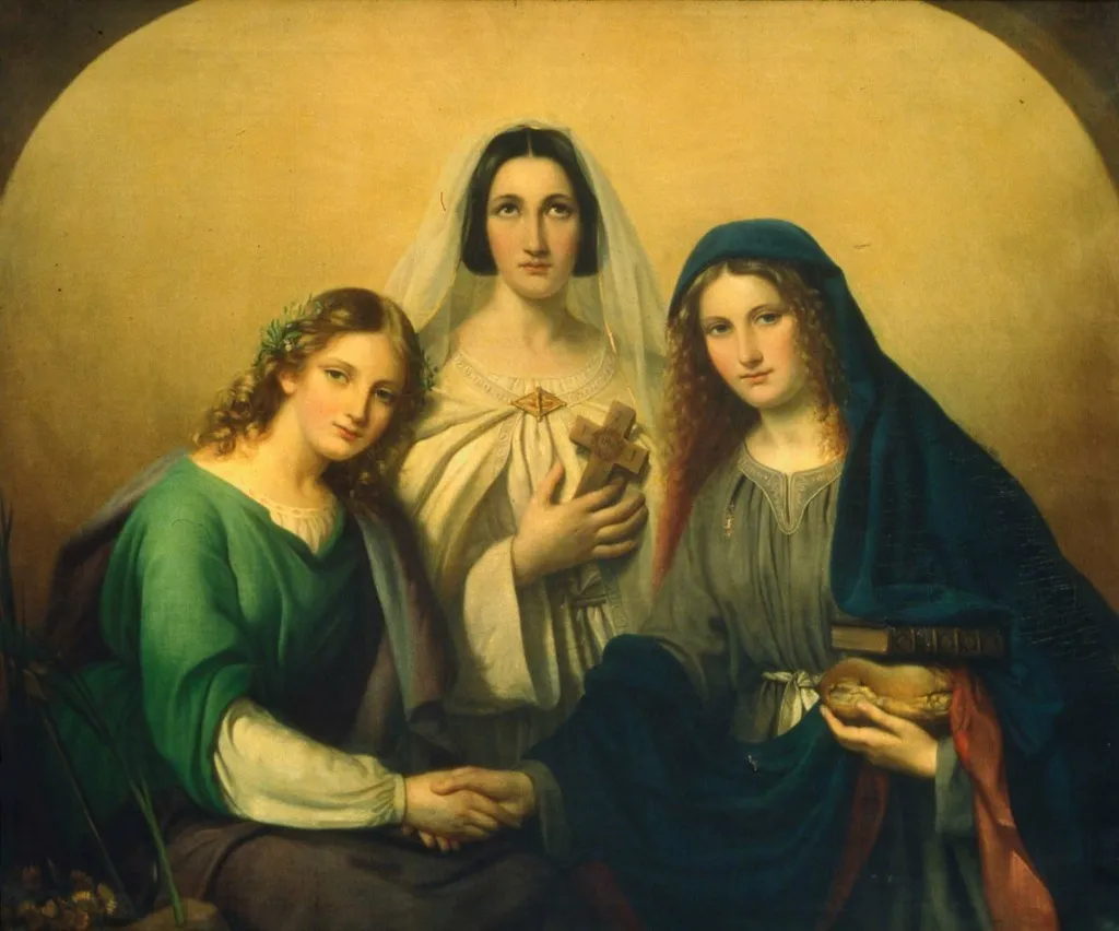 Faith, Hope and Charity, by Adèle Kindt, oil, 1840