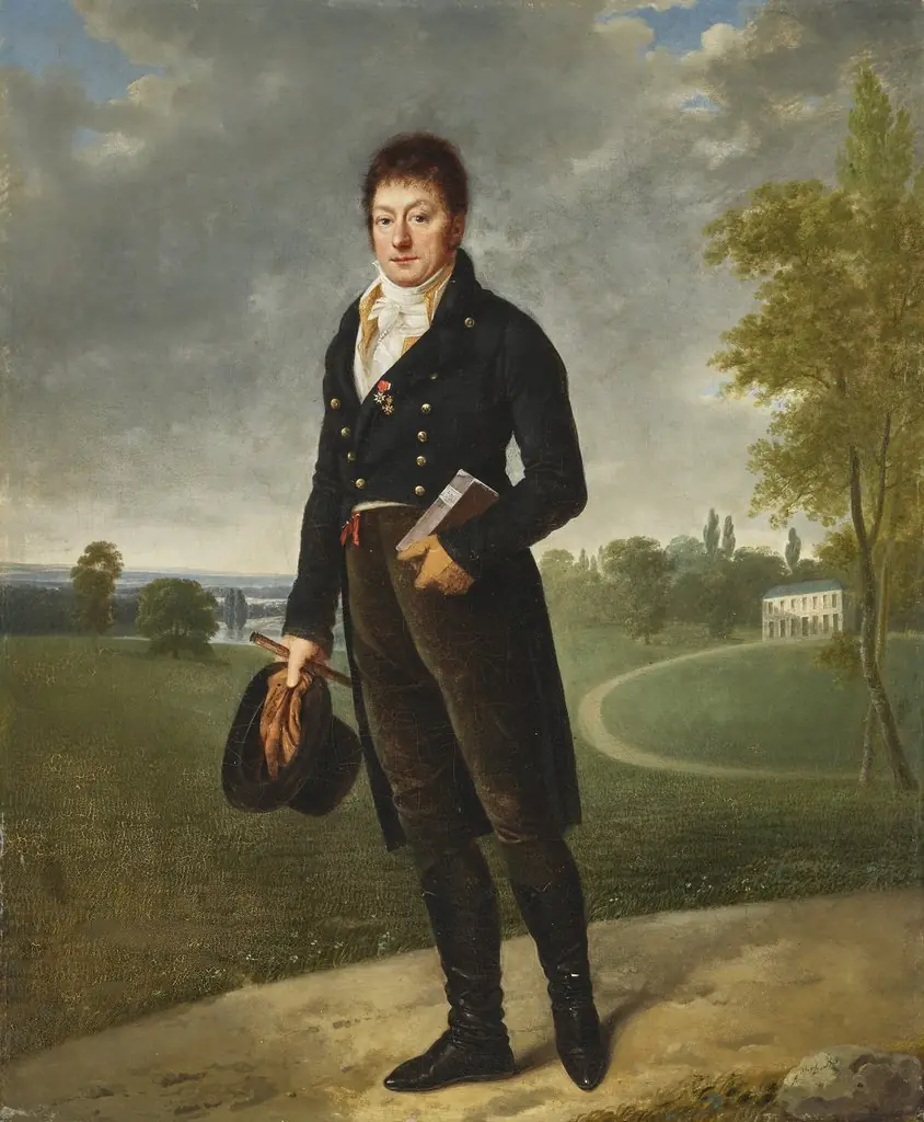 Portrait of a gentleman, full-length, standing in a landscape, by Adèle Romany