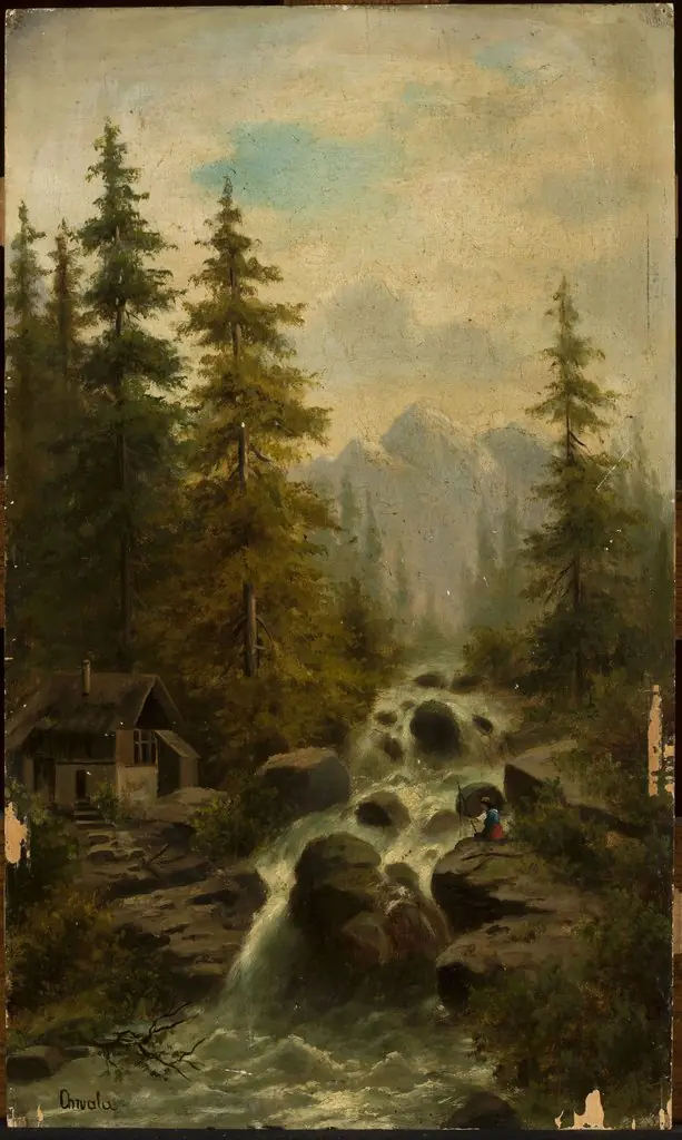 Mountain landscape with a waterfall, by Adolf Chwala