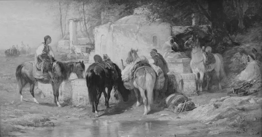 Arab Horsemen Resting at a Fountain, by Adolf Schreyer