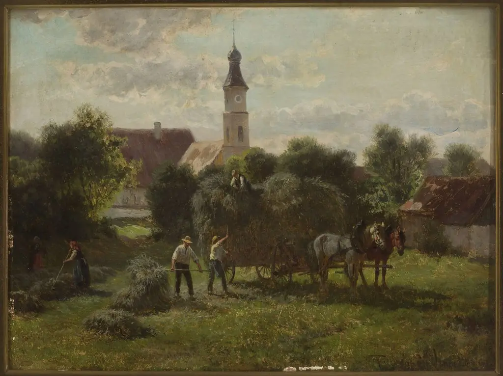Carting hay with a view of the village and the church, by Adolf van der Venne