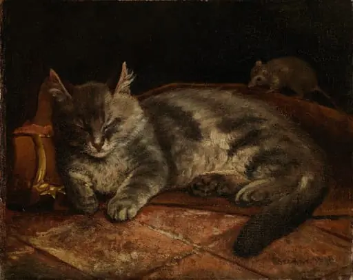 Nukkuva harmaa kissa ja rotta, by Adolf von Becker