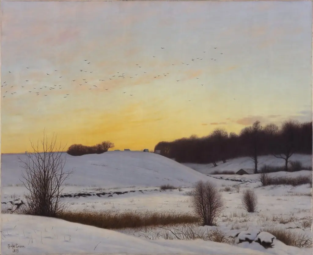 Snelandskab med en bakke. Solnedgang., by Adolph Larsen