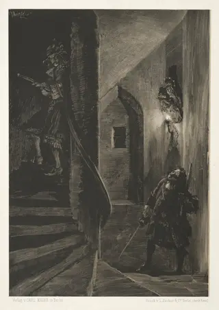 Essay on Stone with Brush and Scraper:  Chase on the Winding Staircase, by Adolph Menzel