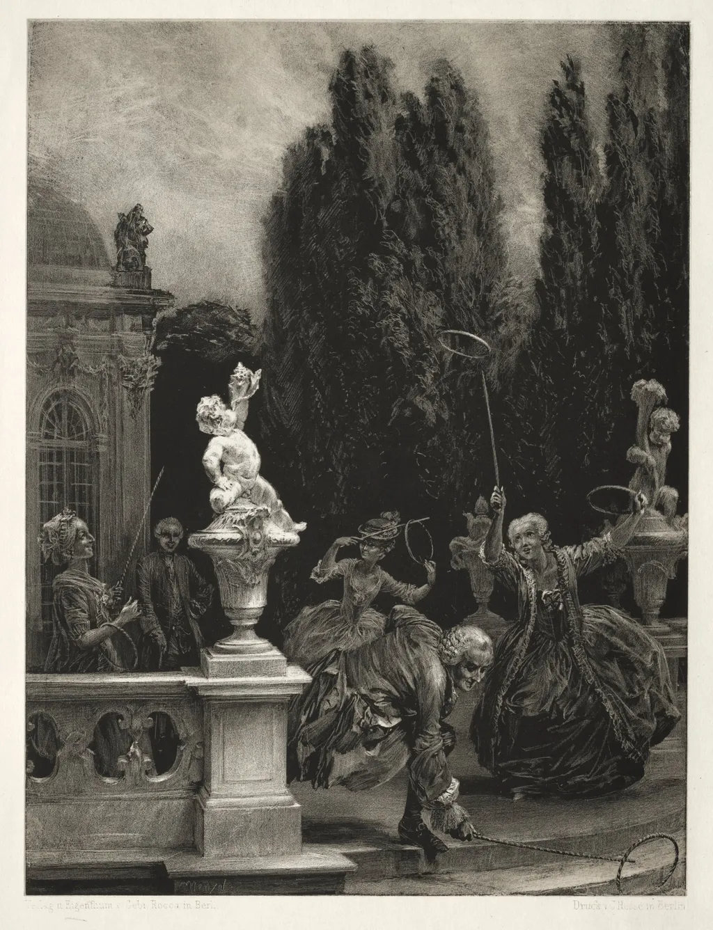 Essay on Stone with Brush and Scraper: Playing at Hoops on the Castle Terrace, by Adolph Menzel, 1851