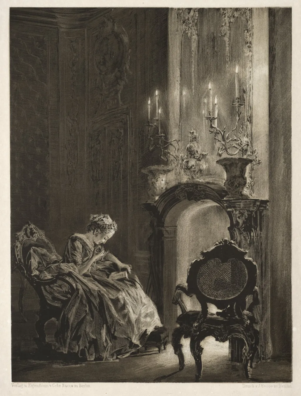 Essay on Stone with Brush and Scraper: Woman Reading at the Fireside, by Adolph Menzel, 1851