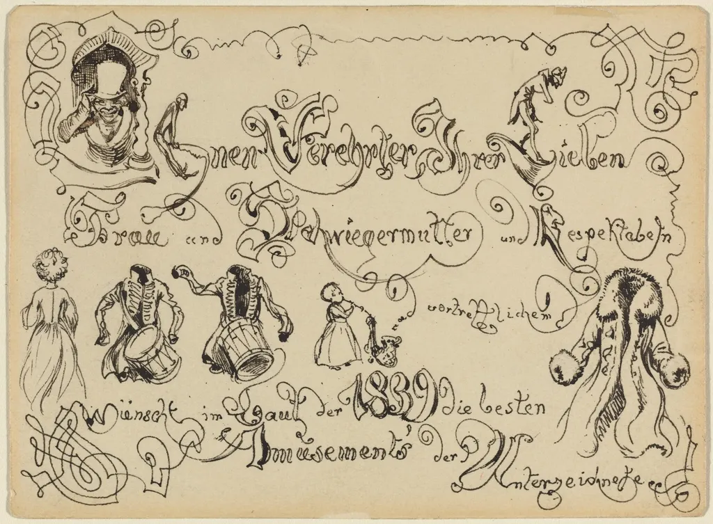 A New Year's Greeting, by Adolph von Menzel, ink, 1839