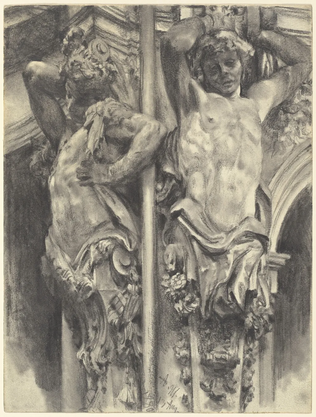 Atlases on the Wallpavillon of the Dresden Zwinger, by Adolph von Menzel, graphite, 1880