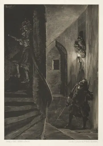 Essay on Stone with Brush and Scraper: Chase on the Winding Staircase, by Adolph von Menzel