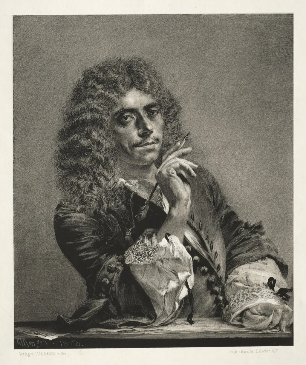 Essay on Stone with Brush and Scraper: Portrait of Molière, by Adolph von Menzel, 1850