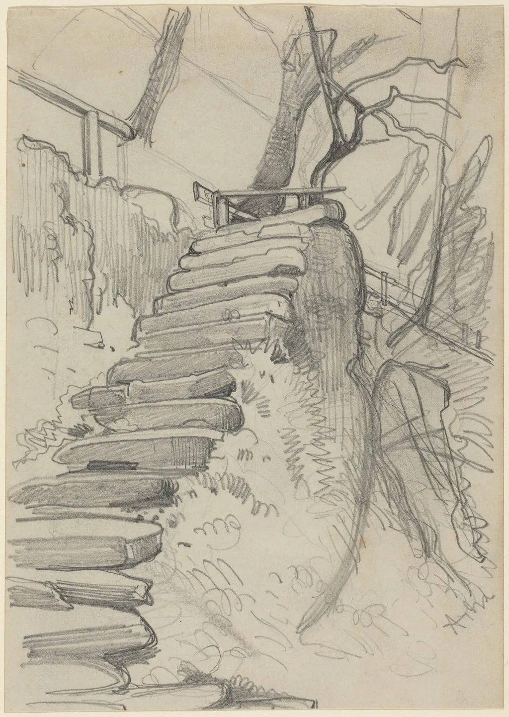 Flight of Stone Steps in a Garden, by Adolph von Menzel, graphite, 1860